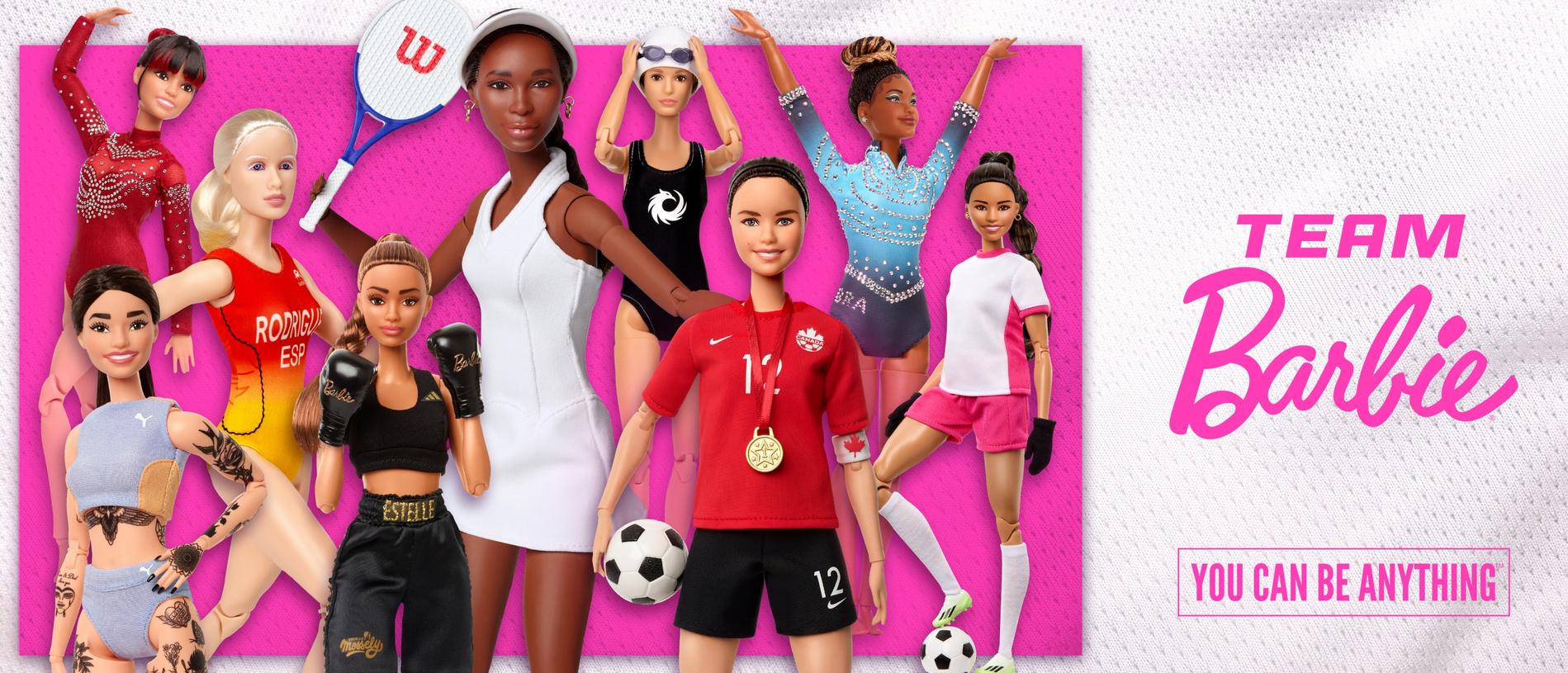 Mary Fowler joins an elite group of sporting greats as a member of Team Barbie. Fowler’s mini-me, bubble braid intact, is at the far right. Picture: supplied