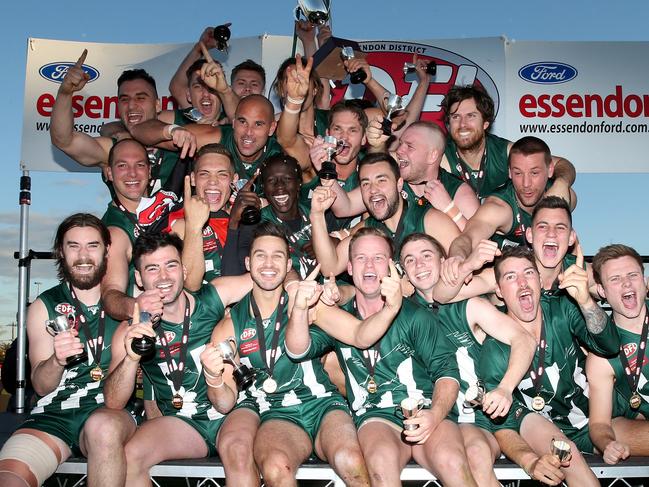 Airport West players celebrate win in the EDFL Division 1 grand final match between Airport West and Tullamarine played at Windy Hill in Essendon on  Saturday 8th September, 2018.