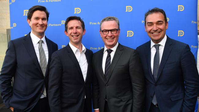 GC Advisory’s Adam Howard, Finance Minister Simon Birmingham, former federal minister-now-lobbyist Christopher Pyne and Premier Steven Marshall at the Pyne &amp; Partners launch in 2019. Picture: Keryn Stevens