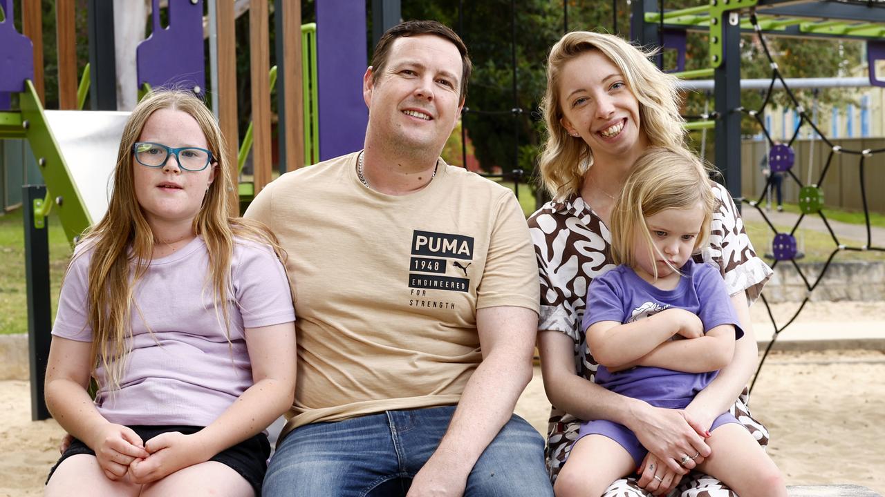 Alex Reid – with his partner Jess McAviney and kids Sophie, 9, and Alaska, 3 — rents in Miranda. The family would happily move to Newcastle if a high speed rail option was available to them. Picture: Jonathan Ng