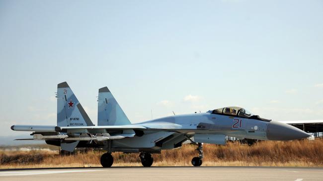 A Russian air force Sukhoi Su-35 fighter at the Russian military base of Hmeimim, in Syria. Picture: AFP