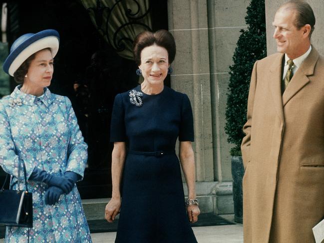 Decades after the abdication crisis that led to the Queen’s father taking the throne, Her Majesty and Prince Philip met Wallis Simpson, Duchess of Windsor, during their visit to Paris in 1972. Picture: AFP