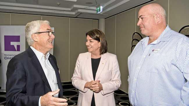 Chatting at the Chamber of Commerce Banking Code of Practice Breakfast yesterday are (from left) Grahame Abberton, Australian Banking Association CEO Anna Bligh, and Ryan Baddock. Picture: Nev Madsen