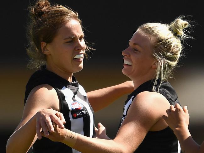 Jasmine Garner celebrates a key goal for the Magpies. Picture: Getty Images