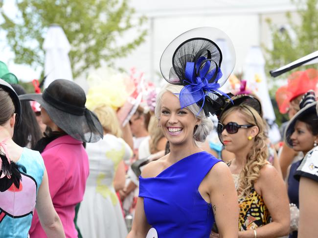 Kirralee Rosewarne all dressed up at Flemington Racecourse on Melbourne Cup Day 2014. Picture: Stephen Harman