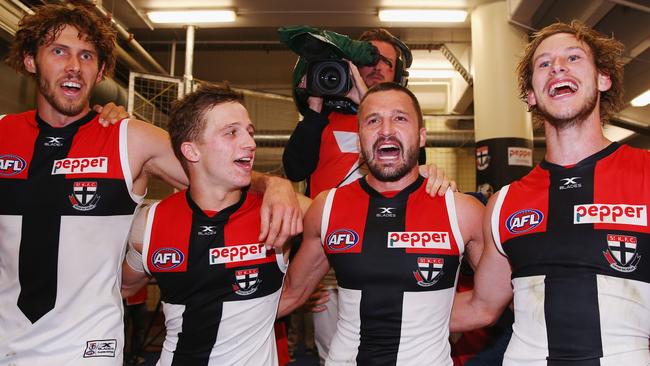 St Kilda players celebrate the club’s big win over Collingwood. Picture: Getty Images