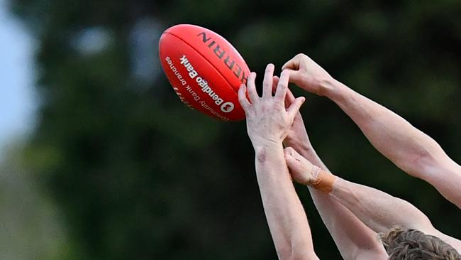 Bailey Syswerda of Woori Yallock spoils a mark during the round ten Outer East Football Netball League Premier Data Premier Division Seniors match between Narre Warren and Woori Yallock at Kalora Park, on June 22, 2024, in Melbourne, Australia. (Photo by Josh Chadwick)