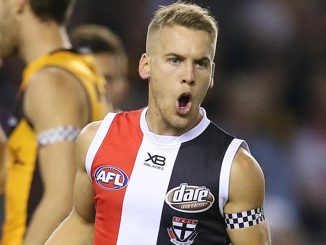 AFL Round 4. 14/04/2019. St Kilda v Hawthorn at Marvel Stadium .  Jack Lonie of the Saints celebrates a goal in the 1st quarter     . Pic: Michael Klein.