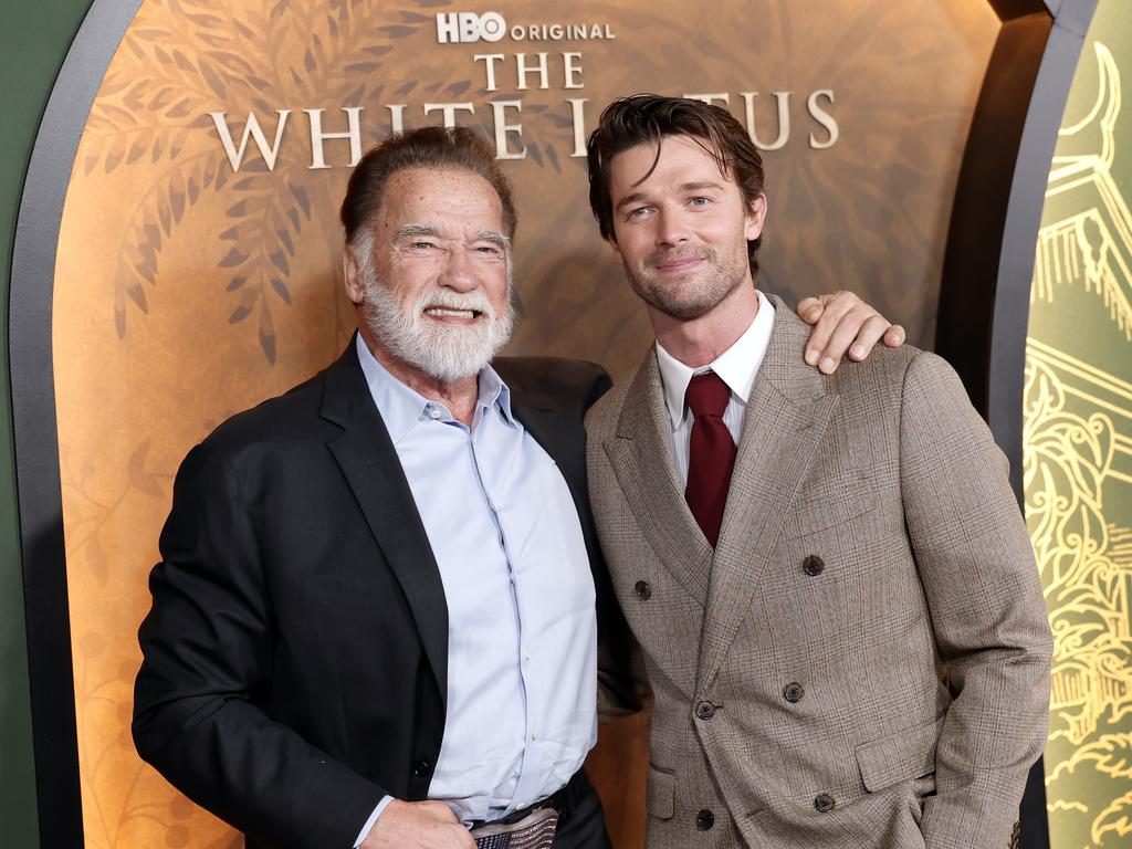 Patrick with his dad Arnold Schwarzenegger, who bragged about his son’s nude scene on Instagram. Picture: Emma McIntyre/Getty Images