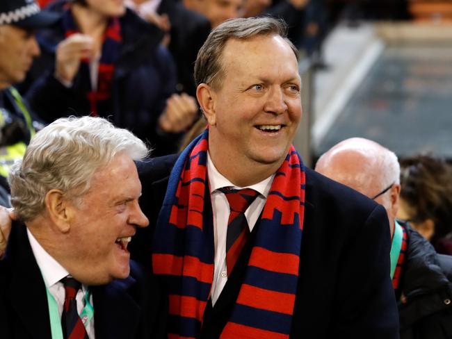 MELBOURNE, AUSTRALIA - SEPTEMBER 07: Geoff Freeman, Vice Chairman of the Demons (left) and Glen Bartlett, Chairman of the Demons celebrate after the clubs first finals win in 12 years during the 2018 AFL First Elimination Final match between the Melbourne Demons and the Geelong Cats at the Melbourne Cricket Ground on September 07, 2018 in Melbourne, Australia. (Photo by Adam Trafford/AFL Media/Getty Images)