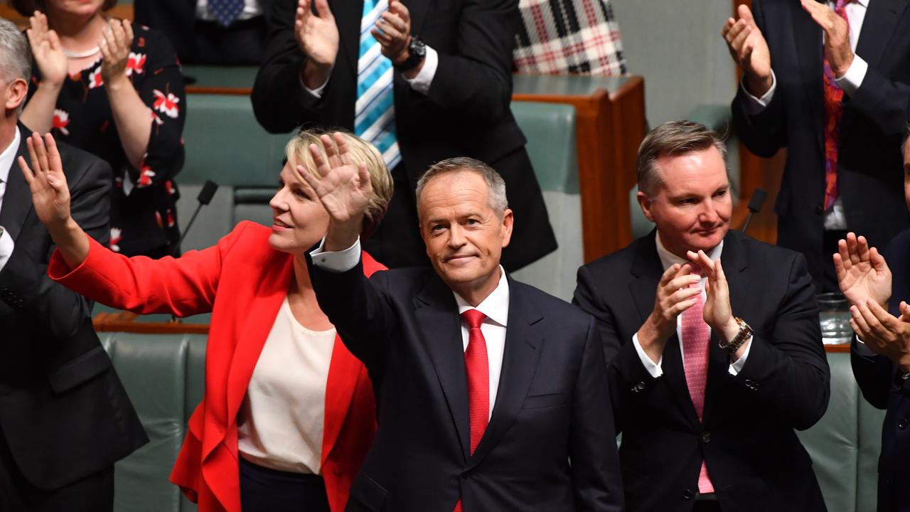 Deputy Leader of the Opposition Tanya Plibersek and Leader of the Opposition Bill Shorten wave after delivering the 2019-20 Federal Budget Reply speech. Picture: Mick Tsikas/AAP