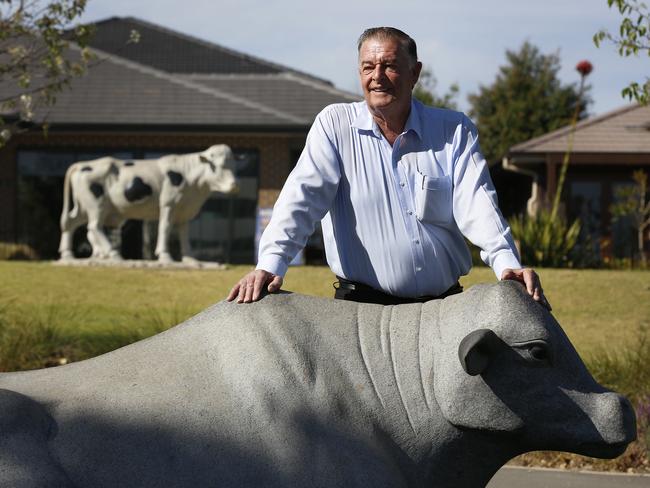 Tony Perich,billionaire property developer and also one of the nation's biggest dairy cattle owners, poses for a photograph The Australian / Picture David Moir 10/10/2014Tony Perich,billionaire property developer and also one of the nation's biggest dairy cattle owners, poses for a photograph next to a carved granite bull, which sits next to a play park outside his office at the Oran Park developmentThe Australian / Picture David Moir 10/10/2014