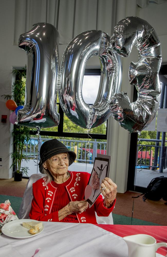 Victoria Forth showing off her 103rd birthday card. Picture: Jerad Williams