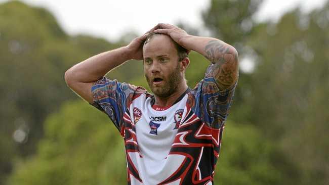 Nambucca Heads Roosters captain-coach Matt Field ponders what can possibly be done after the Sawtell Panthers score another try. Group 2 rugby league 22 April 2018 Rex Hardaker Oval Photo: Brad Greenshields. Picture: Brad Greenshields