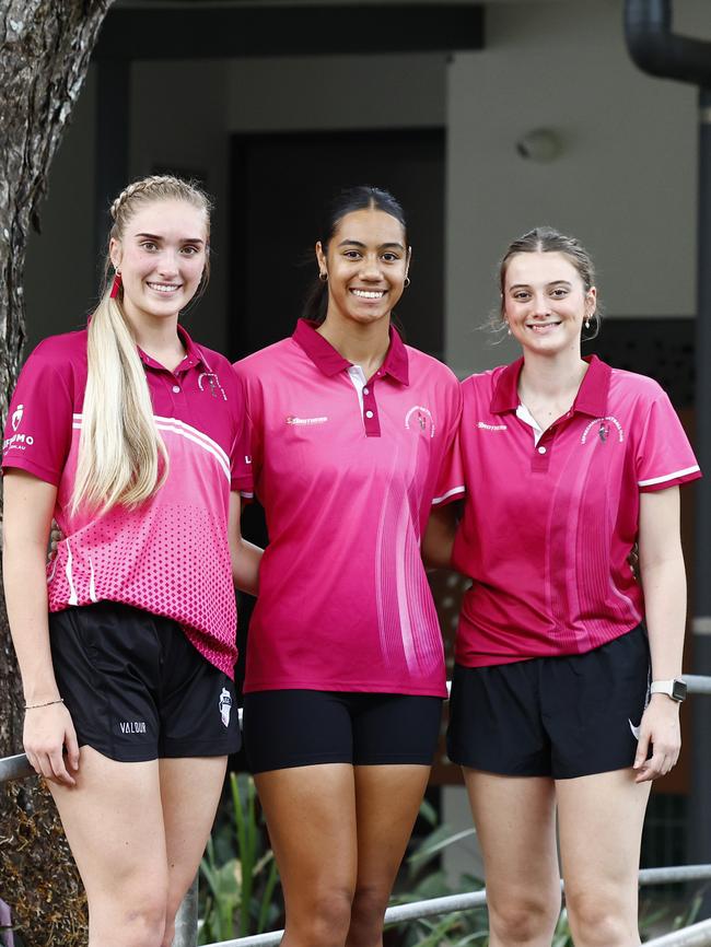 Brothers Leprechauns players and future Firebirds squad members Charlotte Jonsen, Ciarn MacBride and Ella Sheppard. Picture: Brendan Radke