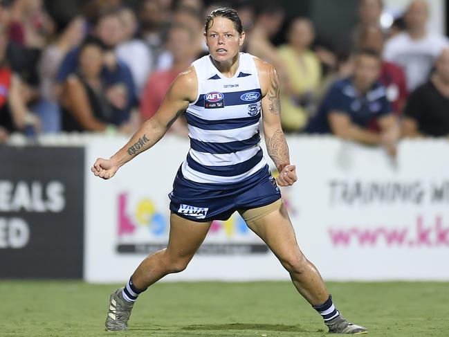 MACKAY, AUSTRALIA - MARCH 06: Richelle Cranston of the Cats celebrates kicking goal that was later judged to be a behind during the round five AFLW match between the Gold Coast Suns and the Geelong Cats ay Great Barrier Reef Arena on March 06, 2020 in Mackay, Australia. (Photo by Albert Perez/Getty Images)