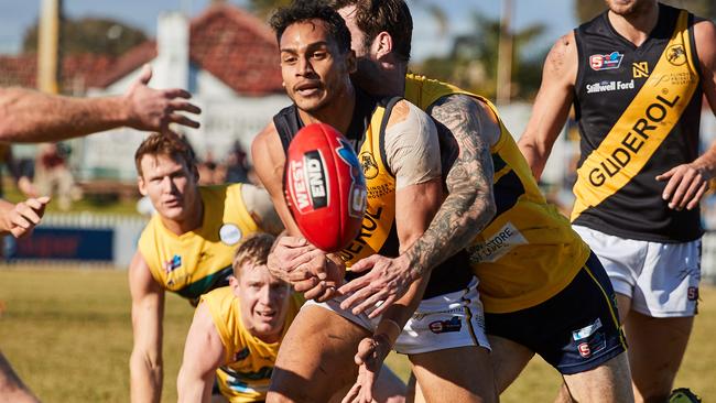 Is Glenelg and Marlon Motlop the best hope of a preventing history and the first AFL reserves’ team premiership. Picture: Matt Loxton