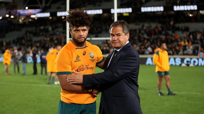 Rob Valetini of the Wallabies and Wallabies head coach Dave Rennie look dejected