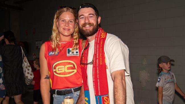 Josh Welsh and Mikayla Honey at the 2024 AFL match between Gold Coast Suns and North Melbourne at TIO Stadium. Picture: Pema Tamang Pakhrin