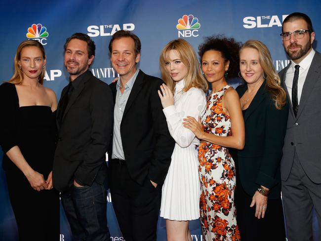 Uma Thurman with her co-stars on the red carpet on Monday night in New York.