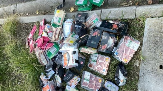 Warm meat flogged from a supermarket for sale on a St Albans footpath. Picture: Victoria Police