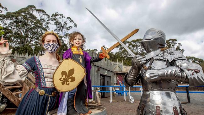 Sophie Skoblar and Lolly Quartermain, 3, with Sir Phillip Leitch at Kryal Castle. Picture: Tim Carrafa