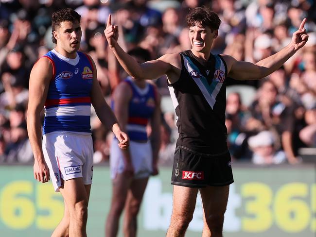 ADELAIDE, AUSTRALIA - JULY 06: Connor Rozee of the Power celebrates a goal during the 2024 AFL Round 17 match between the Port Adelaide Power and the Western Bulldogs at Adelaide Oval on July 05, 2024 in Adelaide, Australia. (Photo by James Elsby/AFL Photos via Getty Images)