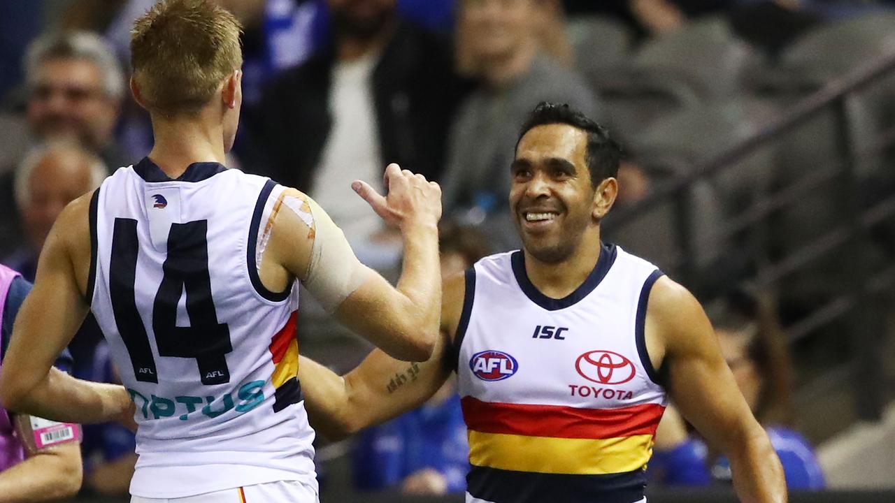 Eddie Betts of the Crows celebrates after kicking a goal from the boundary. Picture: Scott Barbour/Getty Images