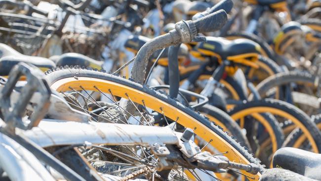 Some of the oBikes retrieved from the Yarra by the Riverkeeper Andrew Kelly and his team. Pic: Yarra Riverkeeper