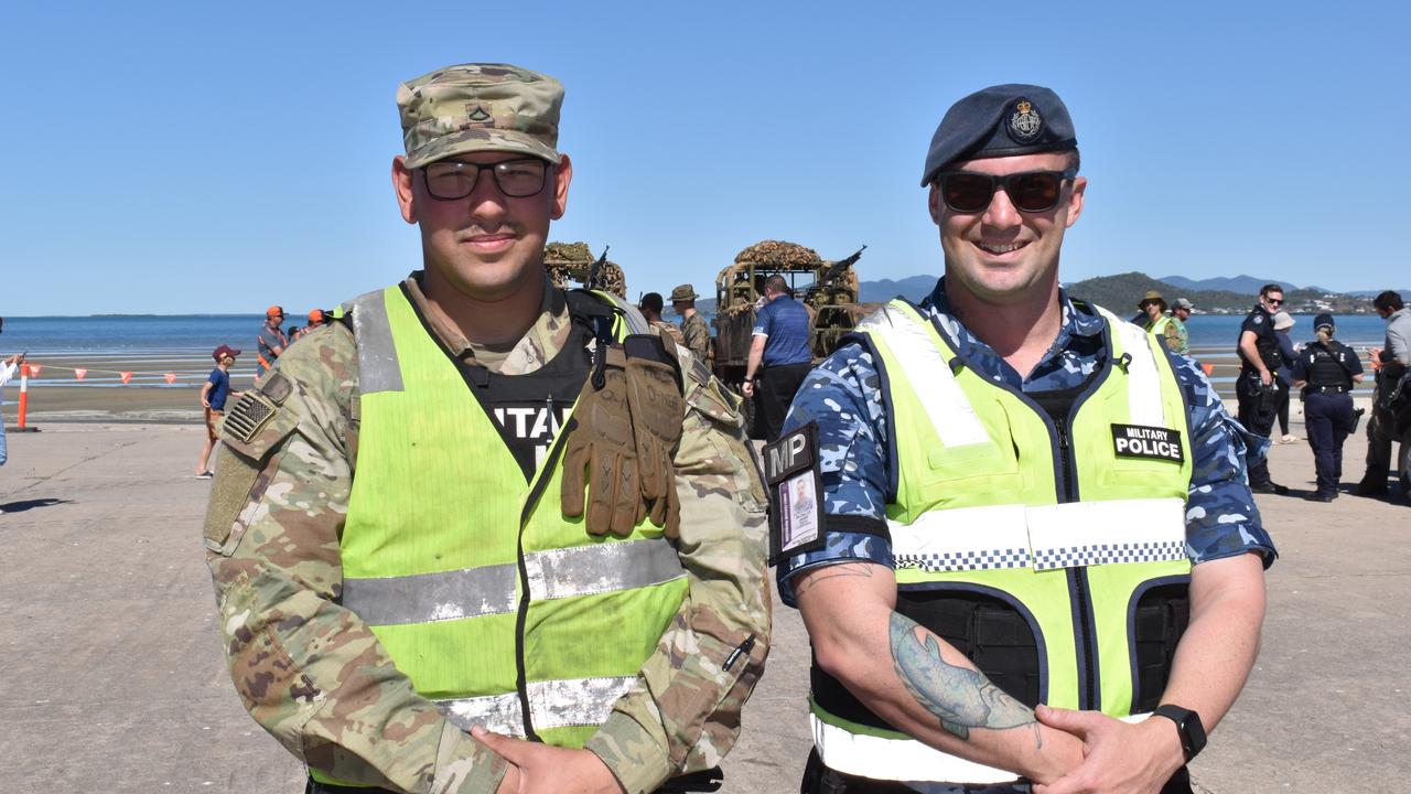 US army military police officer Private First Class Carlos Silva, based at Schofield Barracks in Hawaii, and RAAF military police officer Corporal Daniel Jager of Sale, Victoria, supervised the Talisman Sabre exercises at Bowen. Picture: Kirra Grimes