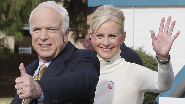 John and Cindy McCain. The widow of the former Republican presidential appeared at Arizona rallies for Joe Biden and was the star of a television ad encouraging conservatives to vote for the Democrat contender. Picture: AP