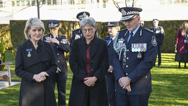 Former foreign minister Julie Bishop, Foreign Minister Penny Wong and AFP Commissioner Reece Kershaw. Picture: NewsWire / Martin Ollman