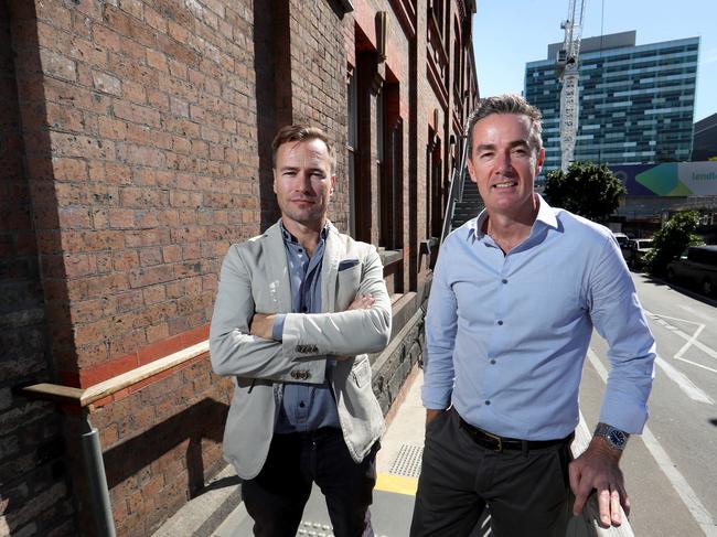 07/04/2017  Catapult outgoing CEO Shaun Holthouse and  incoming CEO Joe Powell outside their office in Docklands Melbourne.Picture: David Geraghty / The Australian.