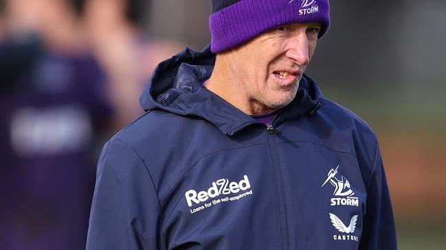 MELBOURNE, AUSTRALIA - JUNE 14: Melbourne Storm coach, Craig Bellamy looks on during a Melbourne Storm training session at Gosch's Paddock on June 14, 2023 in Melbourne, Australia. (Photo by Robert Cianflone/Getty Images)