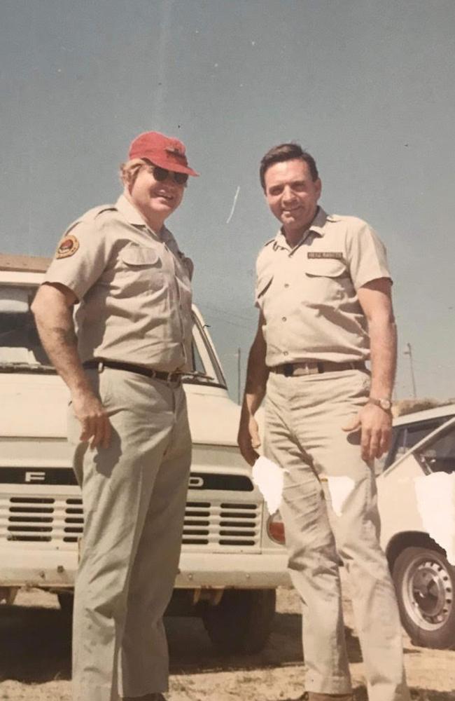 Jim Ferguson (left) and actor Ed Devereaux on the set of Skippy the Bush Kangaroo.