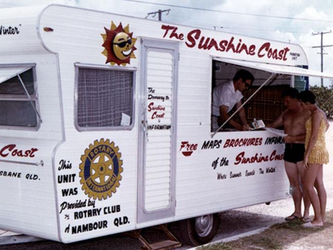 A Sunshine Coast promotion caravan distributing information to tourists, 1971. Picture: Visit Sunshine Coast