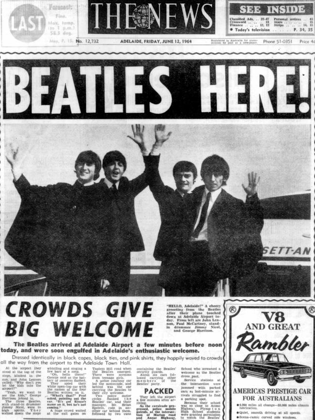 “The News” newspaper front page from 12 Jun 1964. The Beatles in Adelaide. one 1960s. Picture: News Corp