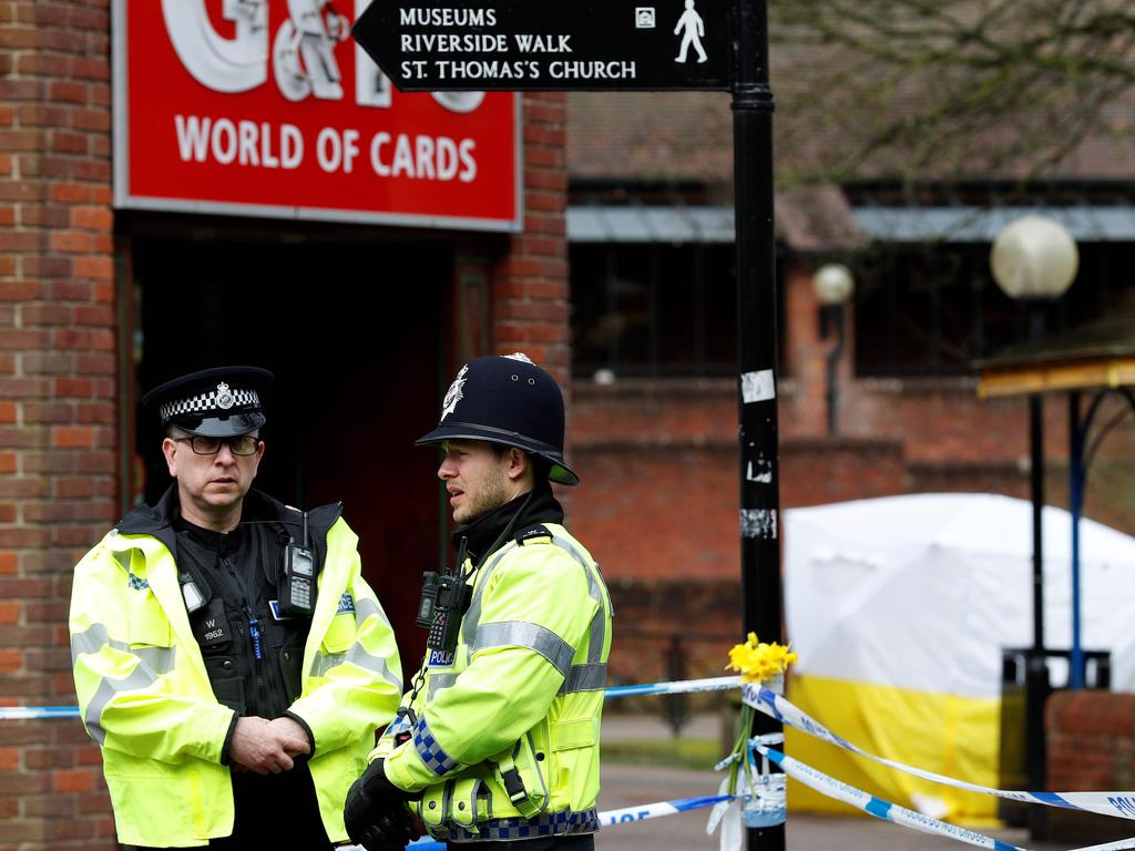 Police at the scene of a nerve agent attack in the British town of Salisbury last March. Picture: AFP