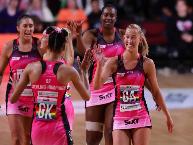 Lauren Frew with her Thunderbirds teammates. Picture: Getty Images