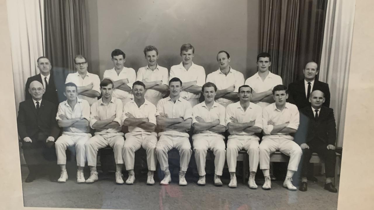 The famous Northcote Cricket Club first eleven from their 1966 premiership. Lawry is seated fifth from left in the front row.