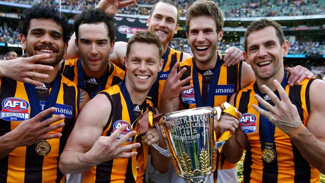 Luke Hodge in the moments after playing in his fourth premiership. Picture: Wayne Ludbey