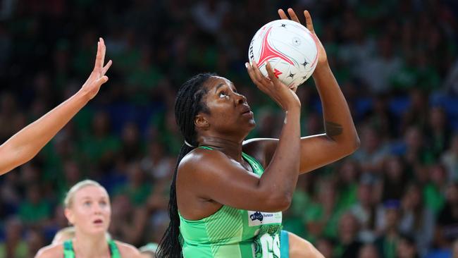 Jhaniele Fowler barely misses a shot. (Photo by James Worsfold/Getty Images)