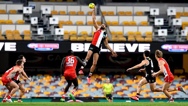 Paddy Ryder towered over any Swan who ventured into the ruck. Picture: Getty Images