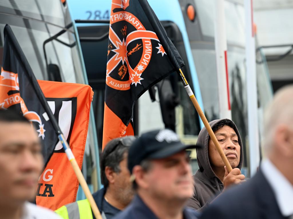 Of the 1200 drivers who took the morning off, up to 300 gathered at the Burwood Bus Depot to strike for equal pay. Picture: NCA NewsWire / Jeremy Piper