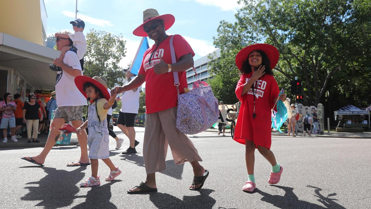 Hundreds of Territorians marched through Darwin for the annual May Day march, celebrating union victories including the eight-hour work week, on Monday, May 5. Picture: Zizi Averill