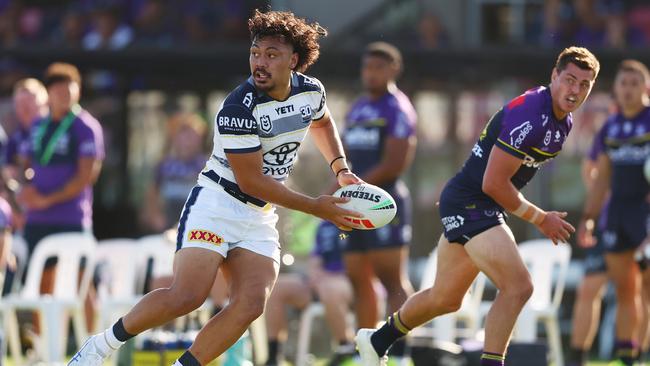 Jeremiah Nanai of the Cowboys passes the ball during the 2025 NRL Pre-Season Challenge match between Melbourne Storm and North Queensland Cowboys at Casey Fields on February 23, 2025 in Melbourne, Australia. (Photo by Morgan Hancock/Getty Images)