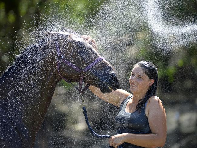 Jordyn Faint and her horse Pots from Kidz Zoo in Ebenezer cool off. Picture: Jeremy Piper