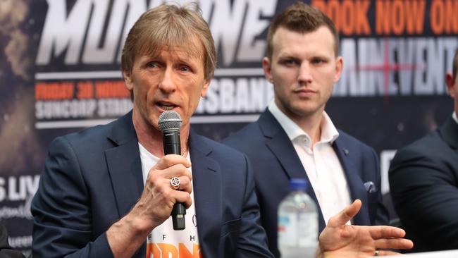 Trainer Glenn Rushton and Jeff Horn speak to the media. Picture: Peter Wallis