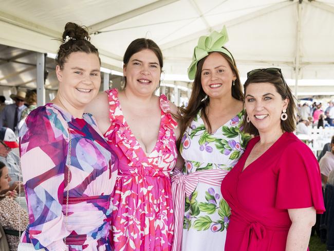 At the Clifton Races are (from left) Lauren Thomas, Makeelie Dowton, Alexandra Baird and Sarah Rossiter, Saturday, October 28, 2023. Picture: Kevin Farmer