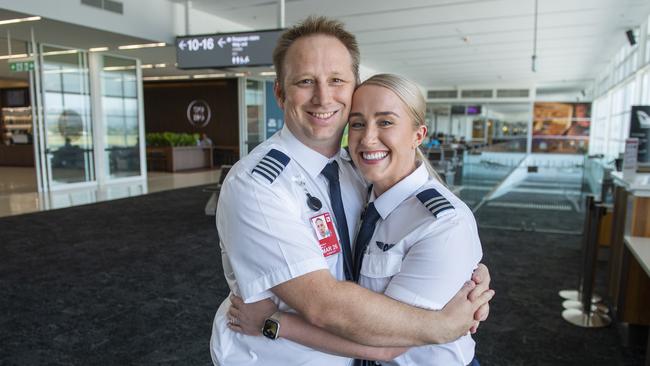 Jetstar pilots Matthew Wills and Rachel Blair-Wills won’t be spending V-Day together, but will be celebrating their third wedding anniversary soon. Picture: Mark Brake